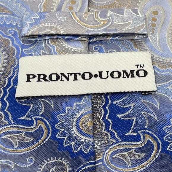 Pronto Uomo Tie Silk Blue Brown White VINTAGE 3.75x62" Paisley Classic Ex-Long - Picture 4 of 7